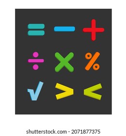 Set of math symbols icons on black background. Bright colors. Vector illustration.