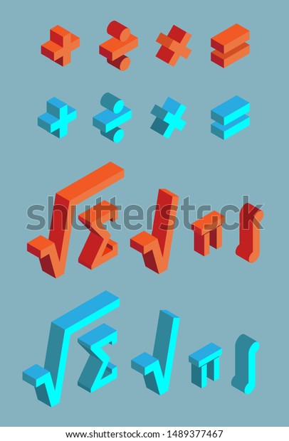 Set of math symbols. Plus,\
minus, multiplication, division, equal, square root, sum, pi,\
integral. Isometric mathematical signs of red and blue on gray\
background