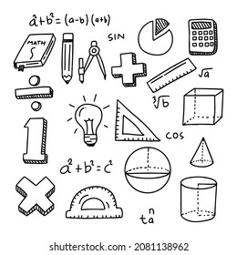 Satz mathematische Doodle mit niedlichem Design einzeln auf weißem Hintergrund