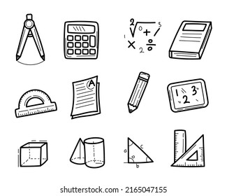 Set of mathematic doodle illustration with black color isolated on white background