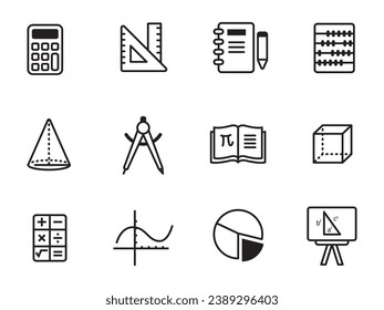 Set of mathematic icons in linear style on a white background