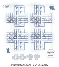 Conjunto de palavras cruzadas matemáticas. Você consegue resolver exemplos? Encontrar solução para todas as equações e escrever os números. Jogo de quebra-cabeça de lógica matemática sobre adição e subtração. Livro de provocação cerebral. Imagem vetorial.