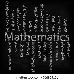 Set of mathematical formulas on a black background. Hand drawing. Drawing chalk on a blackboard.Vector image