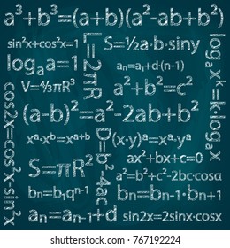 Set of mathematical formulas on a blue background.Drawing chalk on a blackboard. Vector image