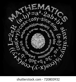 Set of mathematical formulas and a sketch of the brain. Hand drawing. Vector image