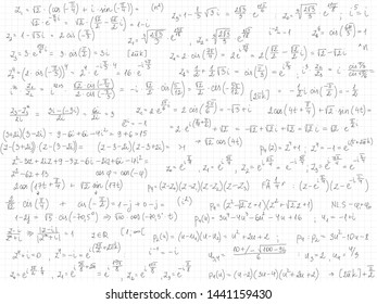 Set of mathematical formulas and solutions to problems and equations.  Homework of a student. Vector image of algebra tasks. Imaginary numbers.