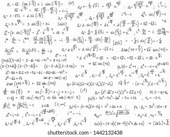 Set of mathematical formulas and solutions to problems and equations. Thick lines. Homework of a student. Vector image of algebra tasks. Imaginary numbers.