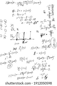 Set of mathematical formulas and solutions to problems and equations. Homework of a student. Vector image of algebra and geometry tasks.