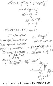 Set of mathematical formulas and solutions to problems and equations. Homework of a student. Vector image of algebra and geometry tasks.