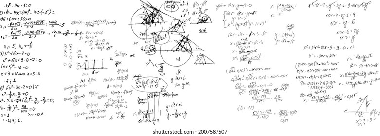 Set of mathematical formulas and solutions to problems and equations. Homework of a student. Vector image of algebra and geometry tasks.