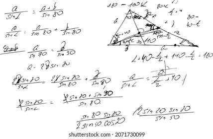 Set of mathematical formulas and solutions to problems and equations. Homework of a student. Vector image of algebra and geometry tasks.