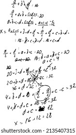Set of mathematical formulas and solutions to problems and equations. Homework of a student. Vector image of algebra and geometry tasks.
