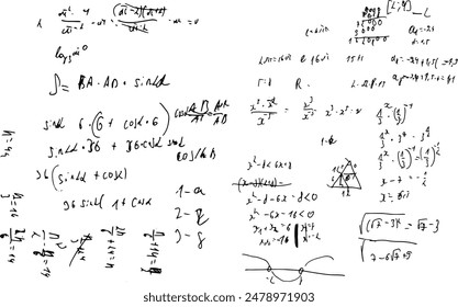 Set of mathematical formulas and solutions to problems and equations. Homework of a student. Vector image of algebra and geometry tasks.