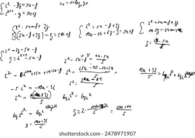 Set of mathematical formulas and solutions to problems and equations. Homework of a student. Vector image of algebra and geometry tasks.