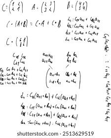 Set of mathematical formulas and solutions to problems and equations. Homework of a student. Vector image of algebra and geometry tasks.