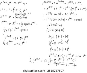 Set of mathematical formulas and solutions to problems and equations. Homework of a student. Vector image of algebra and geometry tasks.	
