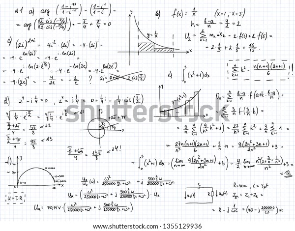 Set of mathematical formulas and solutions to problems\
and equations.  Homework of a student. Vector image of algebra and\
geometry tasks. 