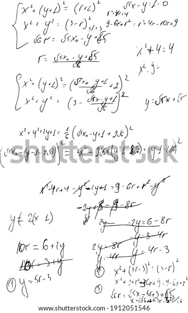Set of mathematical formulas and solutions to\
problems and equations. Homework of a student. Vector image of\
algebra and geometry\
tasks.