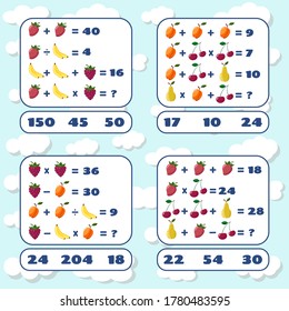 Set of mathematical games. Mathematics educational game for children. Mathematical count task. Math games set with pictures for children. Educational worksheet.