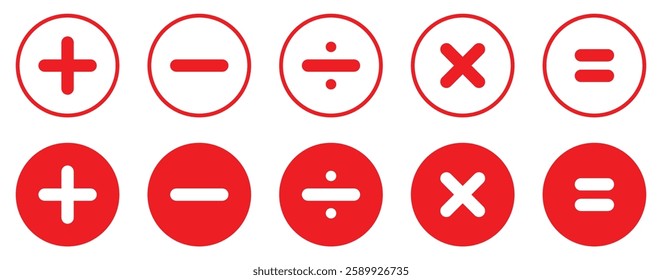 Set of mathematical icons. Plus, minus, multiplication, equal, division symbol red color isolated vector illustration. Calculator math icons. Flat style.