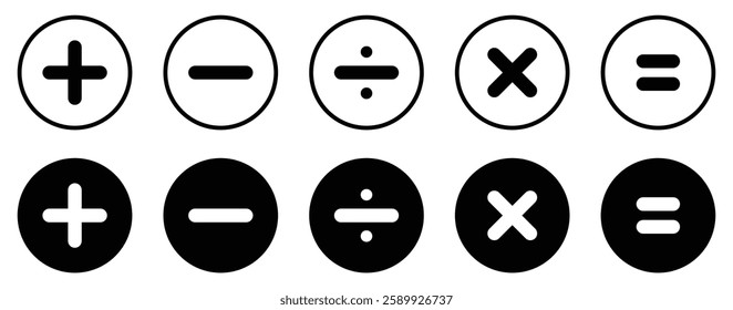 Set of mathematical icons. Plus, minus, multiplication, equal, division symbol black color isolated vector illustration. Calculator math icons. Flat style.