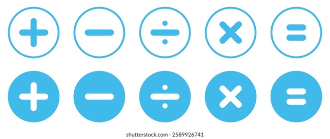 Set of mathematical icons. Plus, minus, multiplication, equal, division symbol blue color isolated vector illustration. Calculator math icons. Flat style.