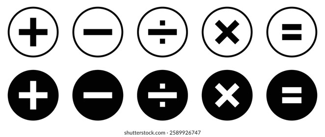 Set of mathematical icons. Plus, minus, multiplication, equal, division symbol in black color isolated vector illustration. Calculator math icons. Flat style.