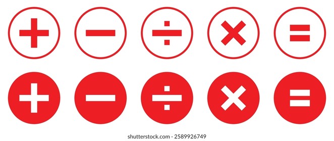 Set of mathematical icons. Plus, minus, multiplication, equal, division symbol red color isolated vector illustration. Calculator math icon. Flat style.