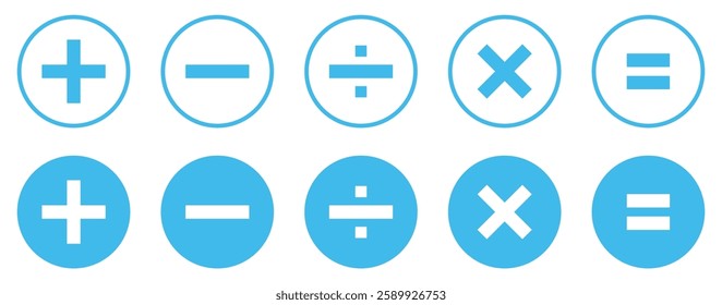 Set of mathematical icons. Plus, minus, multiplication, equal, division symbol in blue color isolated vector illustration. Calculator math sign symbol. Flat style.