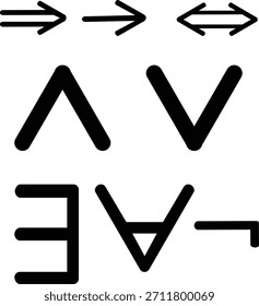 Conjunto de símbolos lógicos matemáticos incluindo ícones maiores que, menores que, diferentes, aproximadamente iguais e idênticos em estilo vetorial preto puro para design matemático e de interface do usuário.