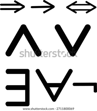 Set of mathematical logic symbols including greater than, less than, not equal, approximately equal, and identical icons in clean black vector style for math and UI design.