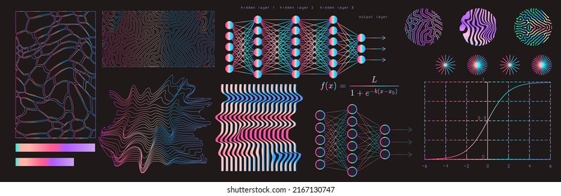 Set of mathematical and neural network related schemes and graphs on a dark background.