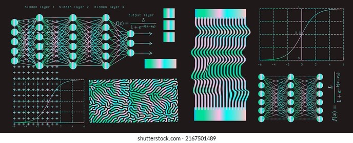 Set of mathematical and neural network related schemes and graphs on a blackboard.