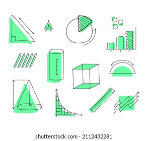 set of mathematical objects along with complementary ornaments such as arrows, lines, graphics, stock, geometry with mamphis style