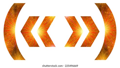 Set of mathematical and punctuation signs open brackets, closed brackets, open quote, unquote, stylized gold and orange holiday firework with stars and flares, elements for web design. Vector