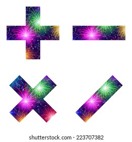 Set of mathematical signs plus, minus, multiplication and division, stylized colorful holiday firework with stars and flares, elements for web design. Eps10, contains transparencies. Vector