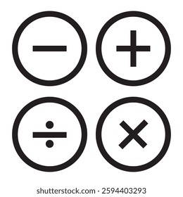  set of mathematical signs. plus, minus, divide, multiply, equal. round buttons for the calculator. vector illustration isolated on white background.
