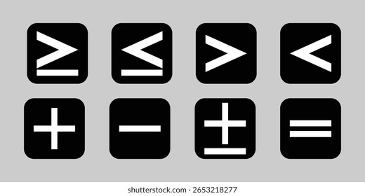 Conjunto de símbolos matemáticos incluindo maior que ou igual a menor que ou igual a maior que menos que mais menos mais ou menos e igual a