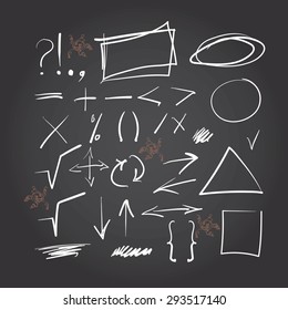 Set of mathematical symbols, shapes, arrows and punctuation. 