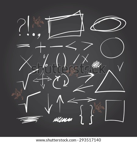 Set of mathematical symbols, shapes, arrows and punctuation. 