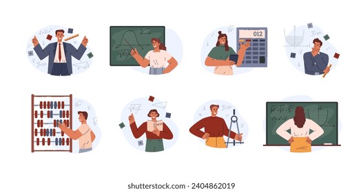 Conjunto de personas matemáticas de estilo plano, ilustración vectorial aislada en fondo blanco. Colección de elementos de diseño decorativos, educación y ciencia, personajes inteligentes felices