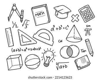 Set of mathematics doodle illustrations with black and white design on isolated background