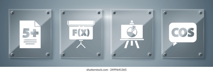 Establecer la función de matemáticas coseno, pizarra con diagrama, pizarra y prueba o hoja de examen. Paneles de vidrio cuadrados. Vector