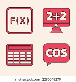 Set Mathematics function cosine, Function mathematical symbol, Equation solution and Calculator icon. Vector
