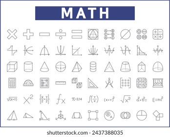 Conjunto de matemáticas y matemáticas Iconos estilo de línea. Contiene tales iconos como contabilidad, ábaco, gráfico, álgebra, elemental, análisis, probabilidad, calculadora y otros elementos.