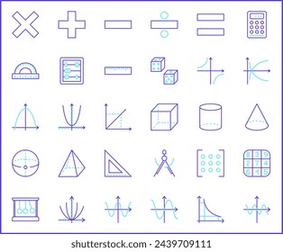 Satz von Mathematik und Mathematik Icons Linienstil. Enthält solche Icons wie Buchhaltung, Abakus, Grafik, Algebra, elementar, Analyse, Wahrscheinlichkeit, Rechner und andere Elemente.