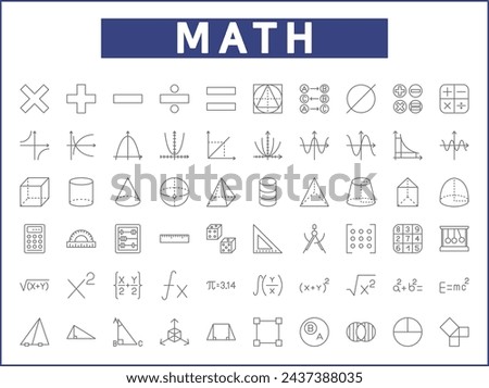 Set of mathematics and math Icons line style. Contains such Icons as accounting, abacus, graph, algebra, elementary, analysis, probability, calculator And Other Elements.