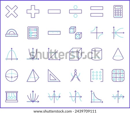 Set of mathematics and math Icons line style. Contains such Icons as accounting, abacus, graph, algebra, elementary, analysis, probability, calculator And Other Elements.