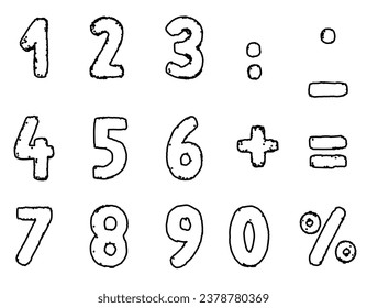 set of mathematics outline, numbers on a transparent background, drawn with a brush,math signs and punctuation marks