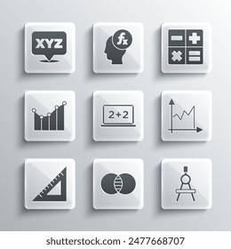 Set Mathematics sets A and B, Drawing compass, Graph, schedule, chart, diagram, Chalkboard, Triangular ruler, XYZ Coordinate system and Calculator icon. Vector